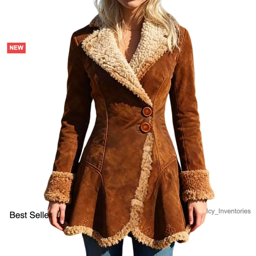 Sherpa Lined Suede Jacket Slim-Fit Faux Leather Fleece Winter Coat Retro Western
